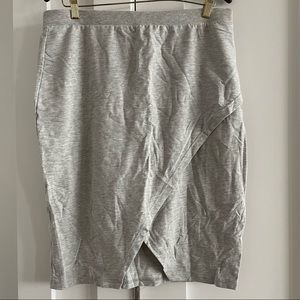 Gray mid thigh length cotton skirt with wrap-look and split